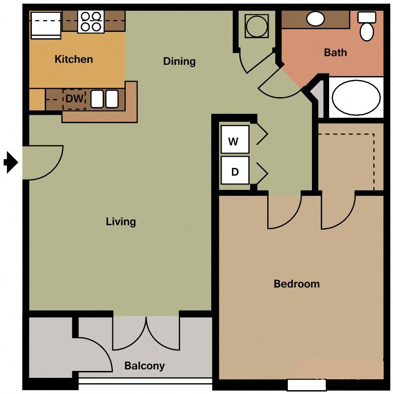 Floor plan for 1 bed, 1 bath, 957 sqft